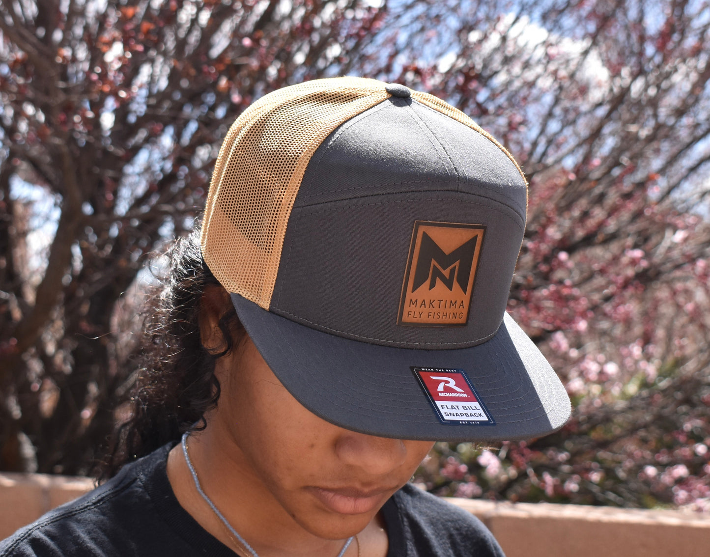 NMaktima Fly Fishing Leather Patch Logo Seven Panel Trucker Hat