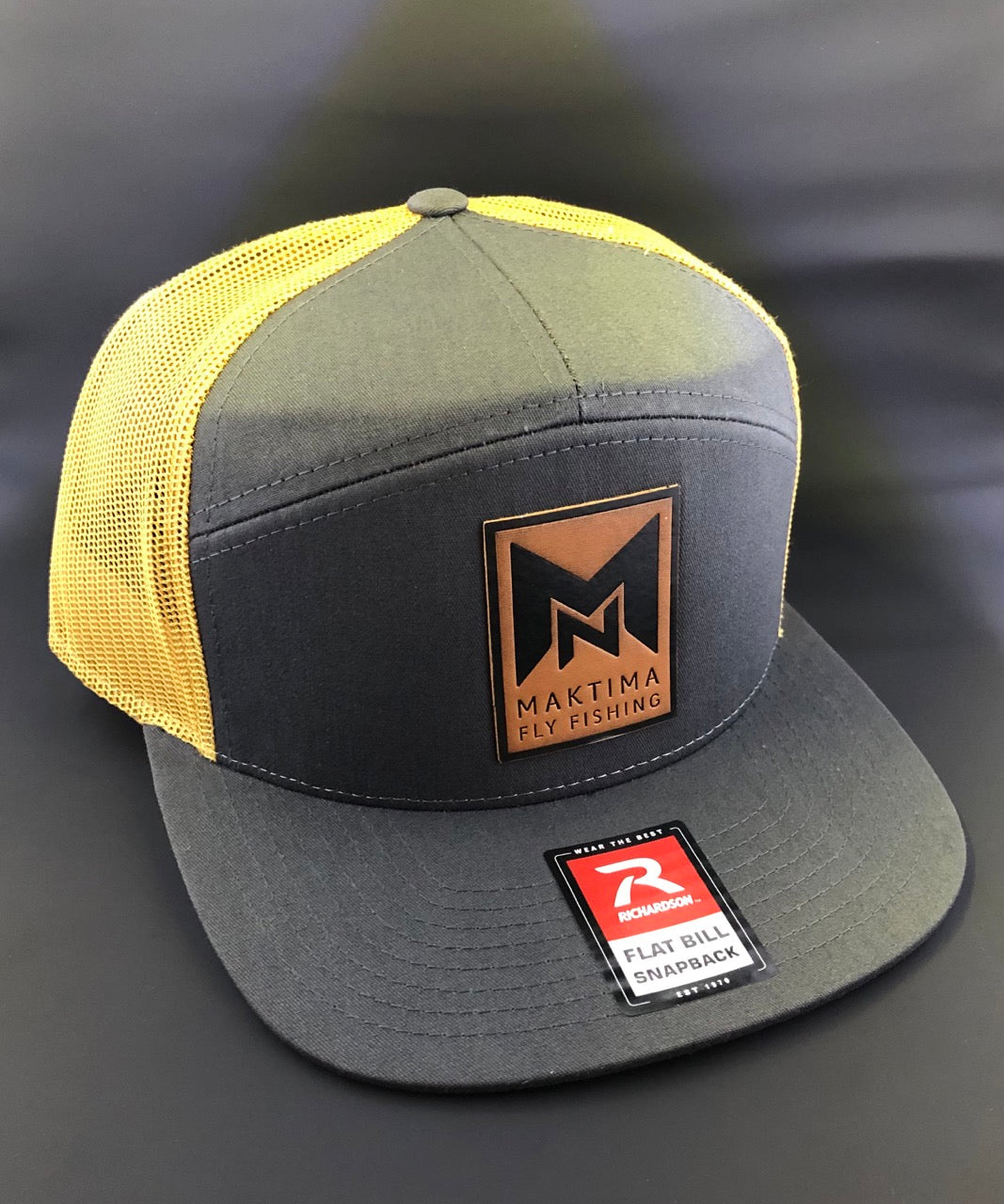 NMaktima Fly Fishing Leather Patch Logo Seven Panel Trucker Hat